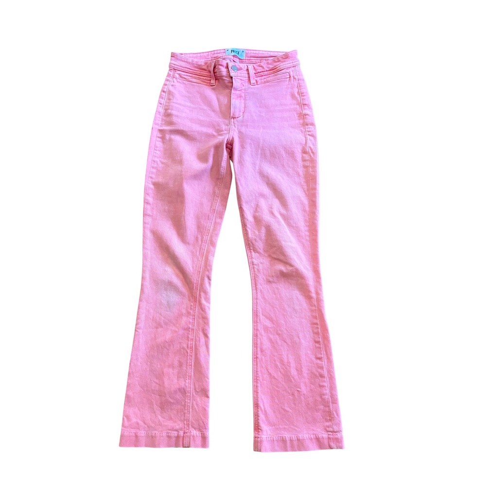 Paige Colette Crop Flare Jeans Coral Pink High Rise Denim Size 26 Womens